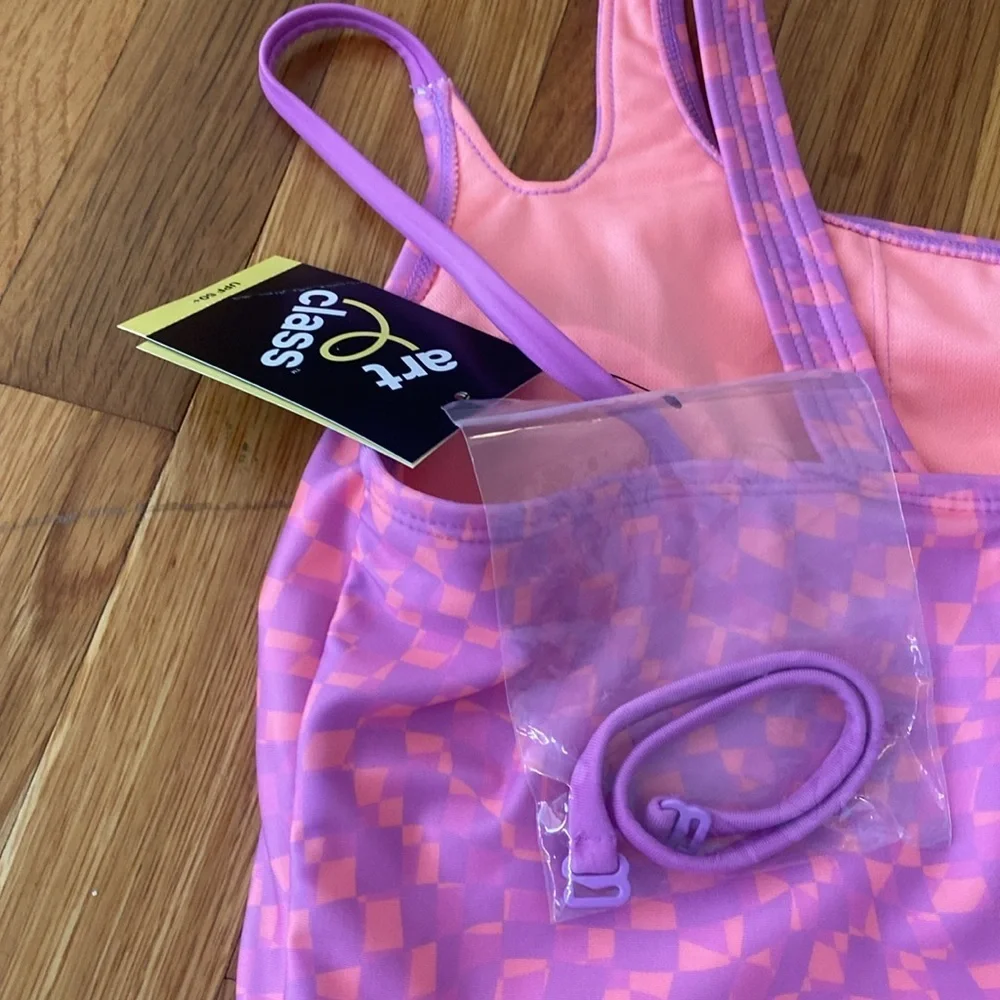 NWT Art Class Girls Pink and Purple Checkered One Piece Swimsuit Size XL
